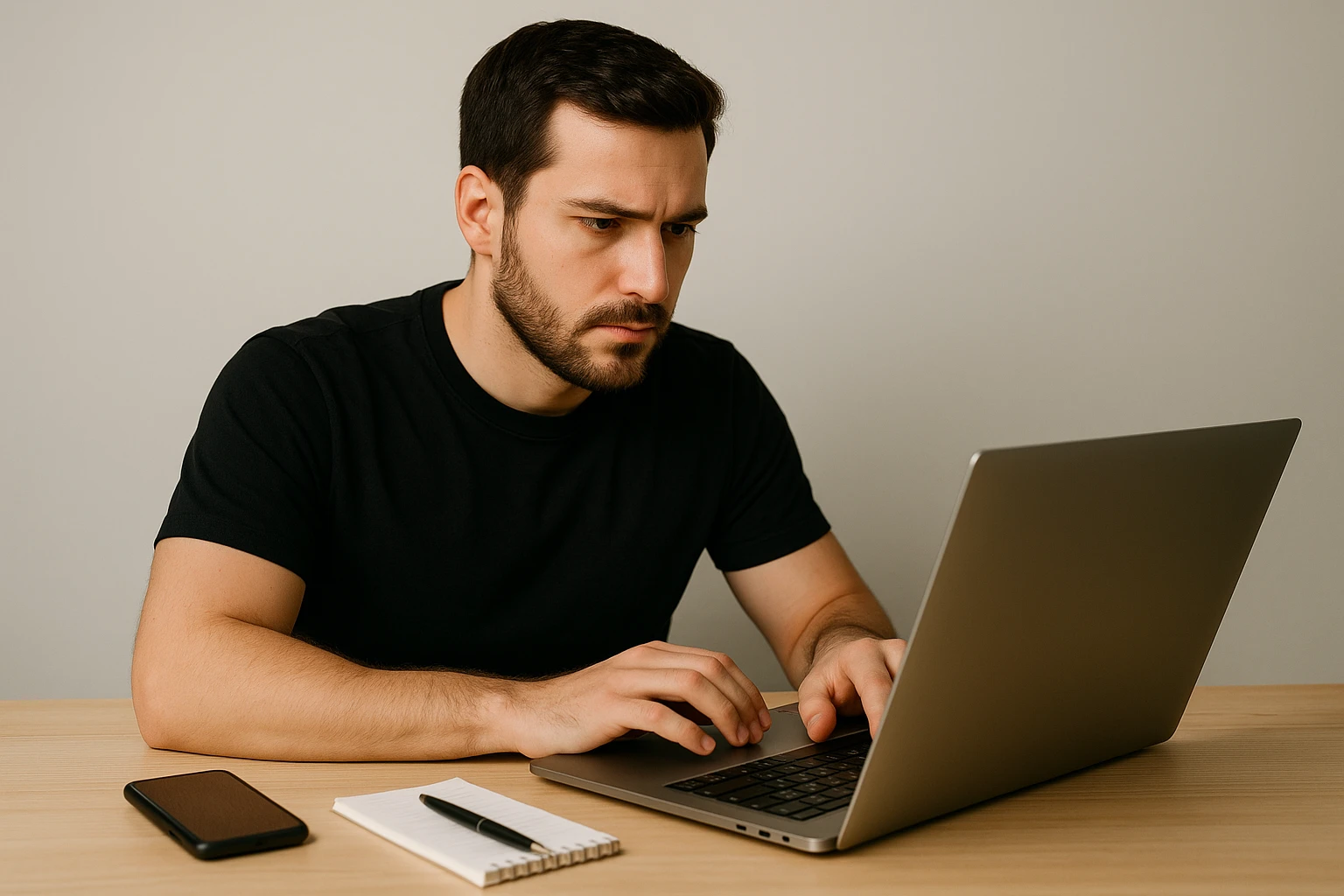 A focused professional sitting at a desk using a laptop to take an online ADHD assessment with a smartphone and notepad beside them.