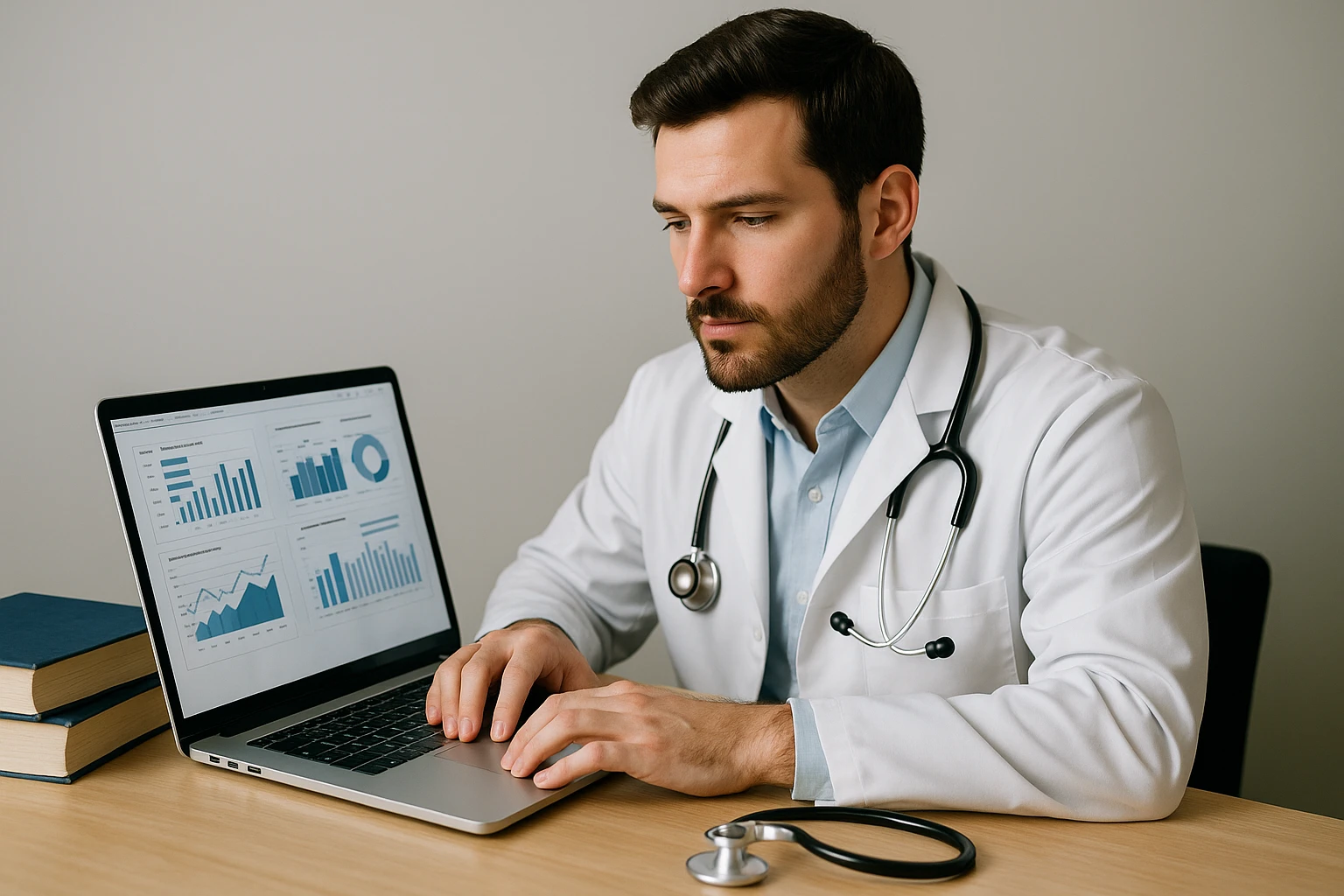 A doctor reviewing digital assessment results on a laptop while sitting at a desk with medical books and a stethoscope nearby.