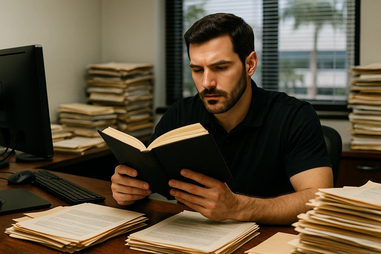 A private investigator reviewing documents at a desk cluttered with files and a computer in an Orlando office setting.
