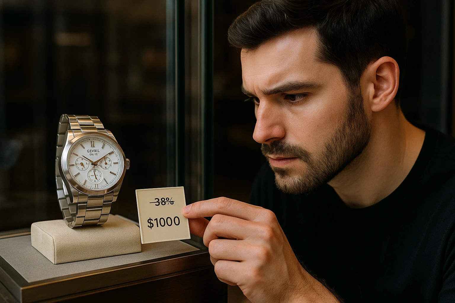A person carefully examining a Gevril Lenox Swiss watch displayed in a shop window with a price tag showing a significant discount.