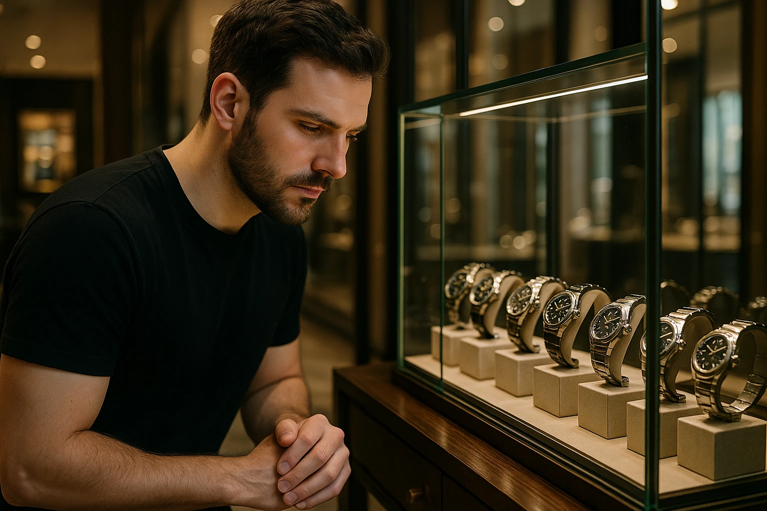 A man examining luxury watches displayed in a glass case at a high-end boutique in London.