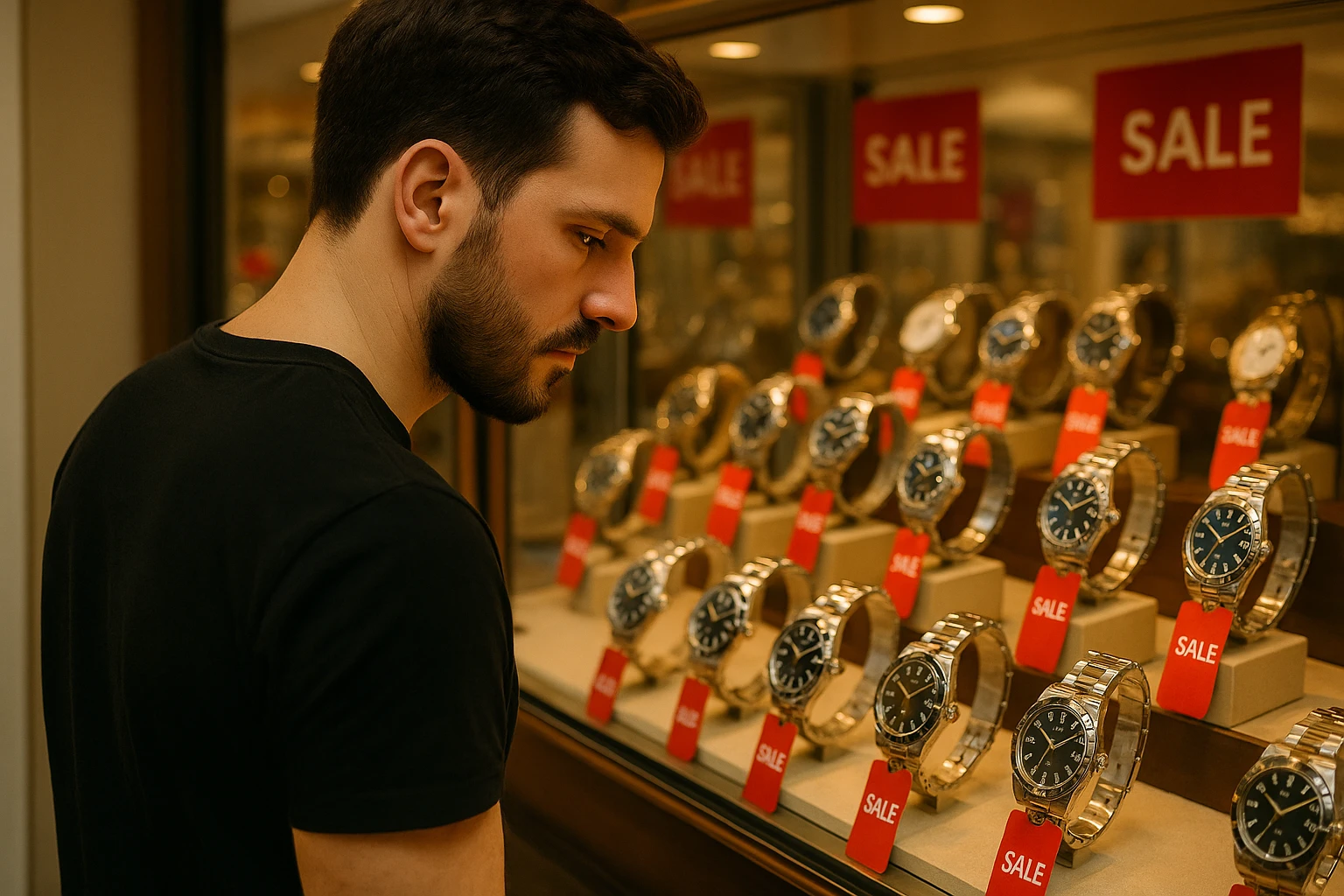 A person browsing a display of luxury watches with discounted price tags in a store during a seasonal sale in the UK.