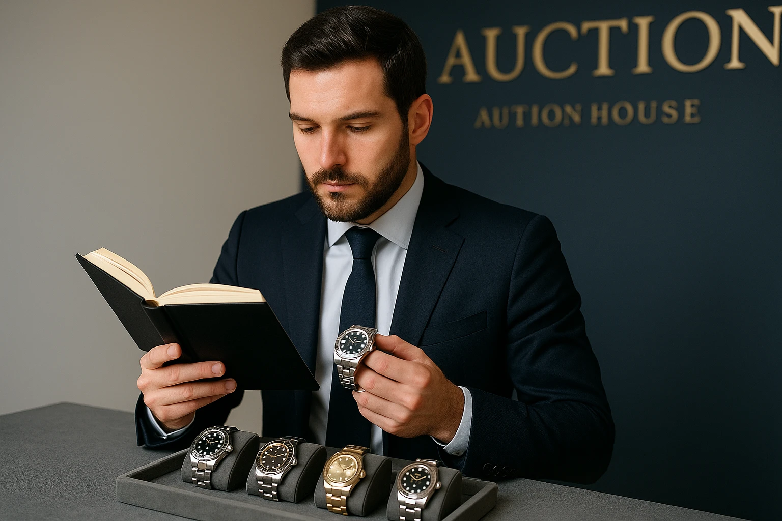 A smartly dressed individual examining luxury watches at an auction house in the UK.