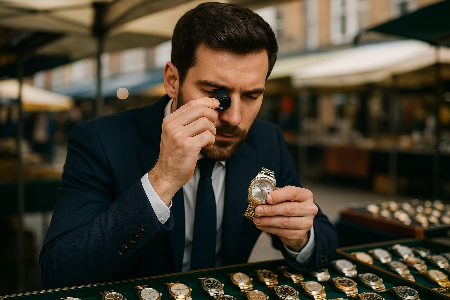 A smartly dressed collector examining a pre-owned Rolex watch under a jeweler's loupe at a market stall in the UK, surrounded by other high-end timepieces.