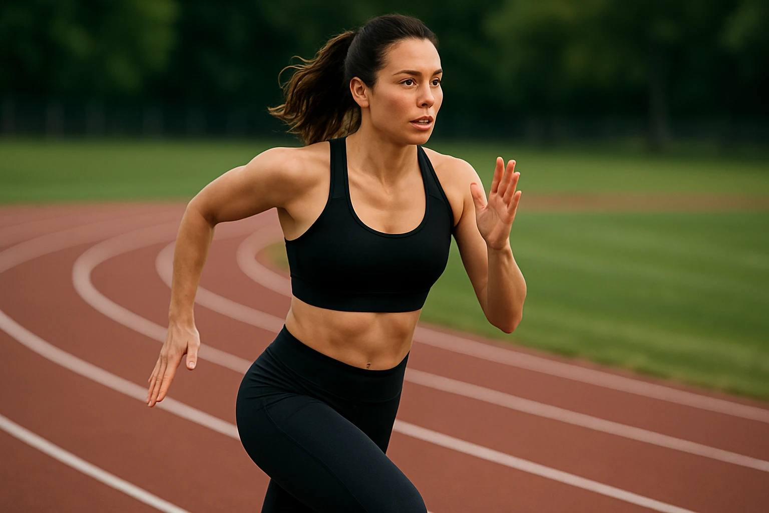 A female athlete running on a track while wearing a high-support sports bra and athletic leggings.
