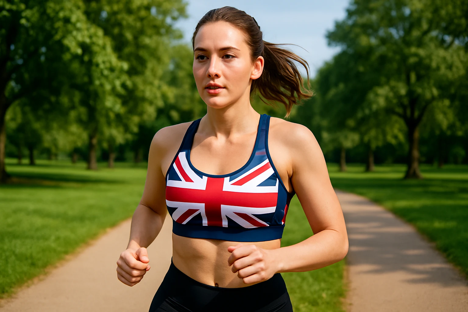 A woman jogging in a park wearing a UK-designed sports bra, with green trees and a clear sky in the background.