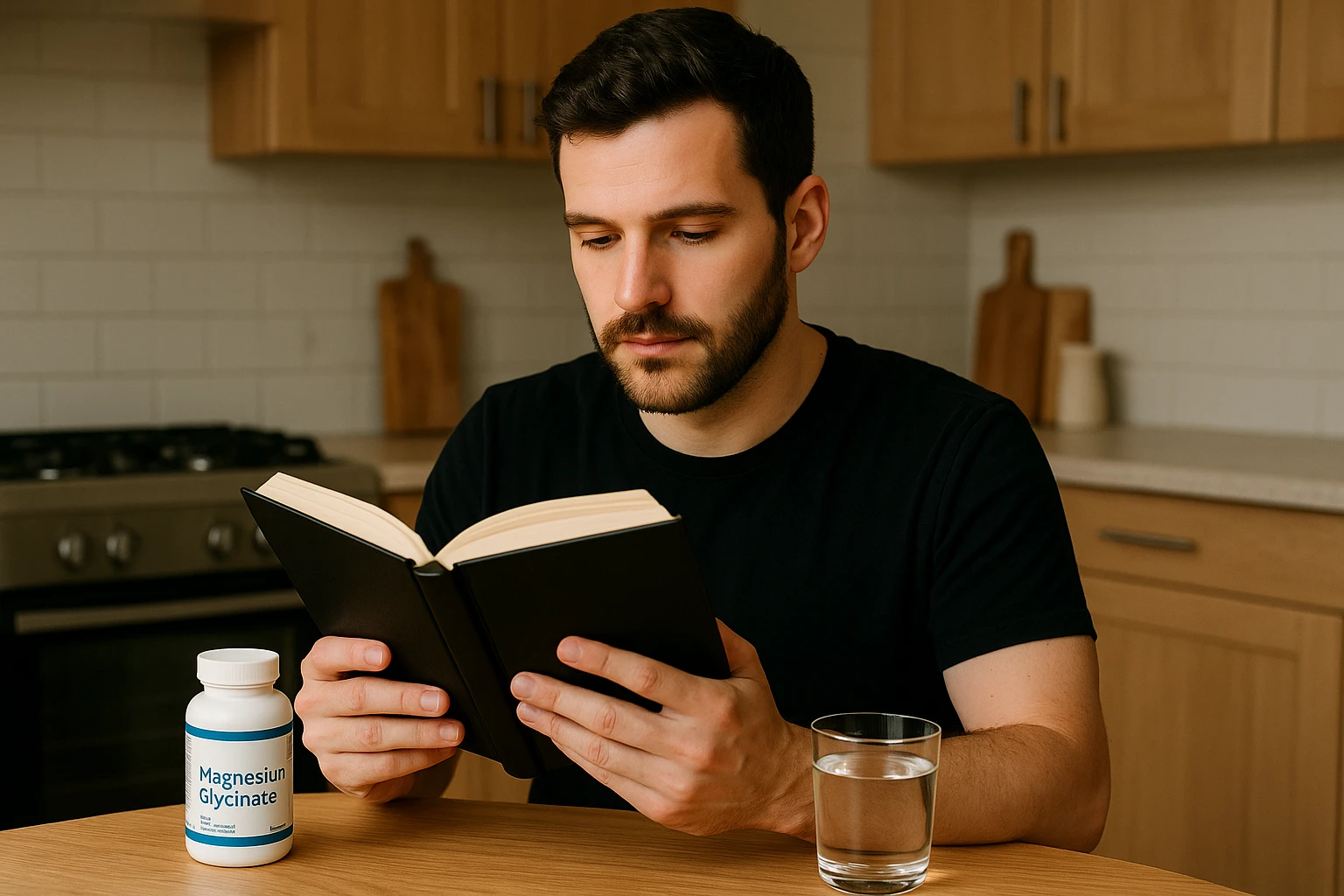 A person sitting at a kitchen table with a bottle of magnesium glycinate supplements and a glass of water.