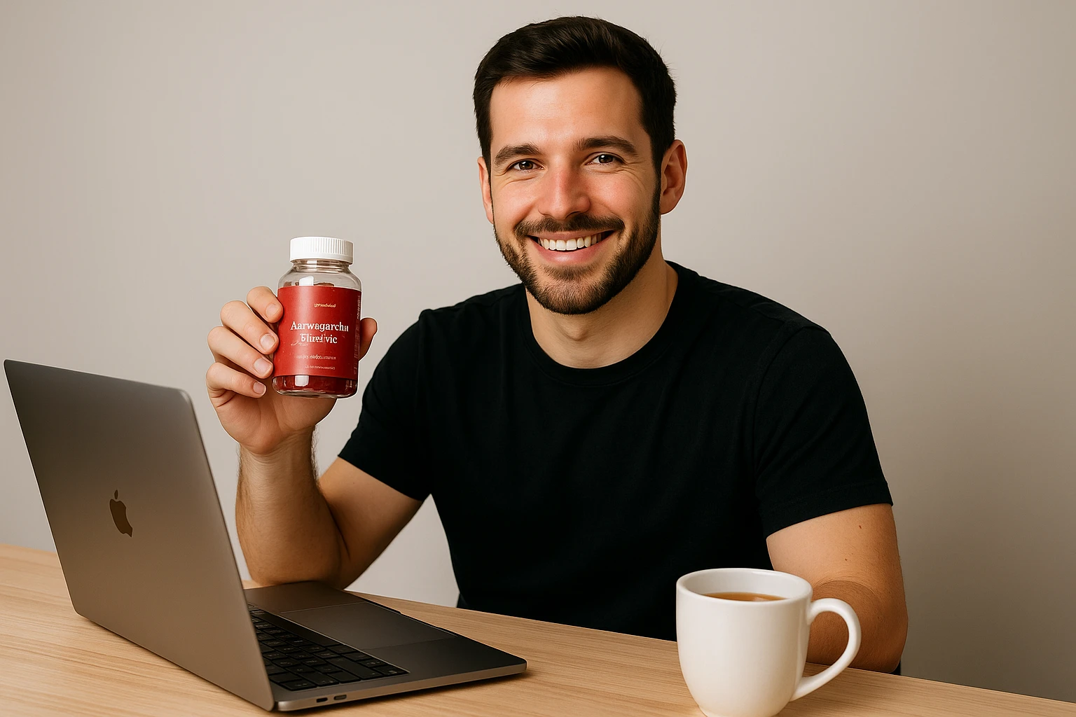 A young professional sitting at a desk, smiling while holding a bottle of ashwagandha gummies next to a laptop and a cup of tea.