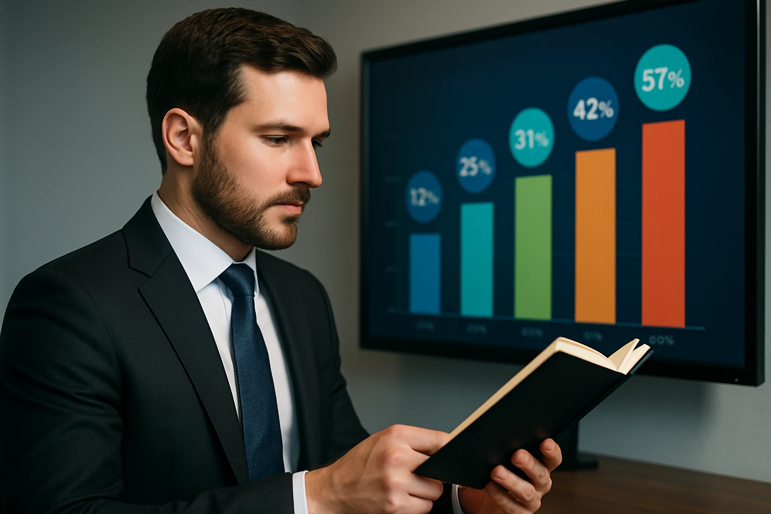 A business executive examining a vibrant chart with rising bars and labeled percentages on a conference room screen.