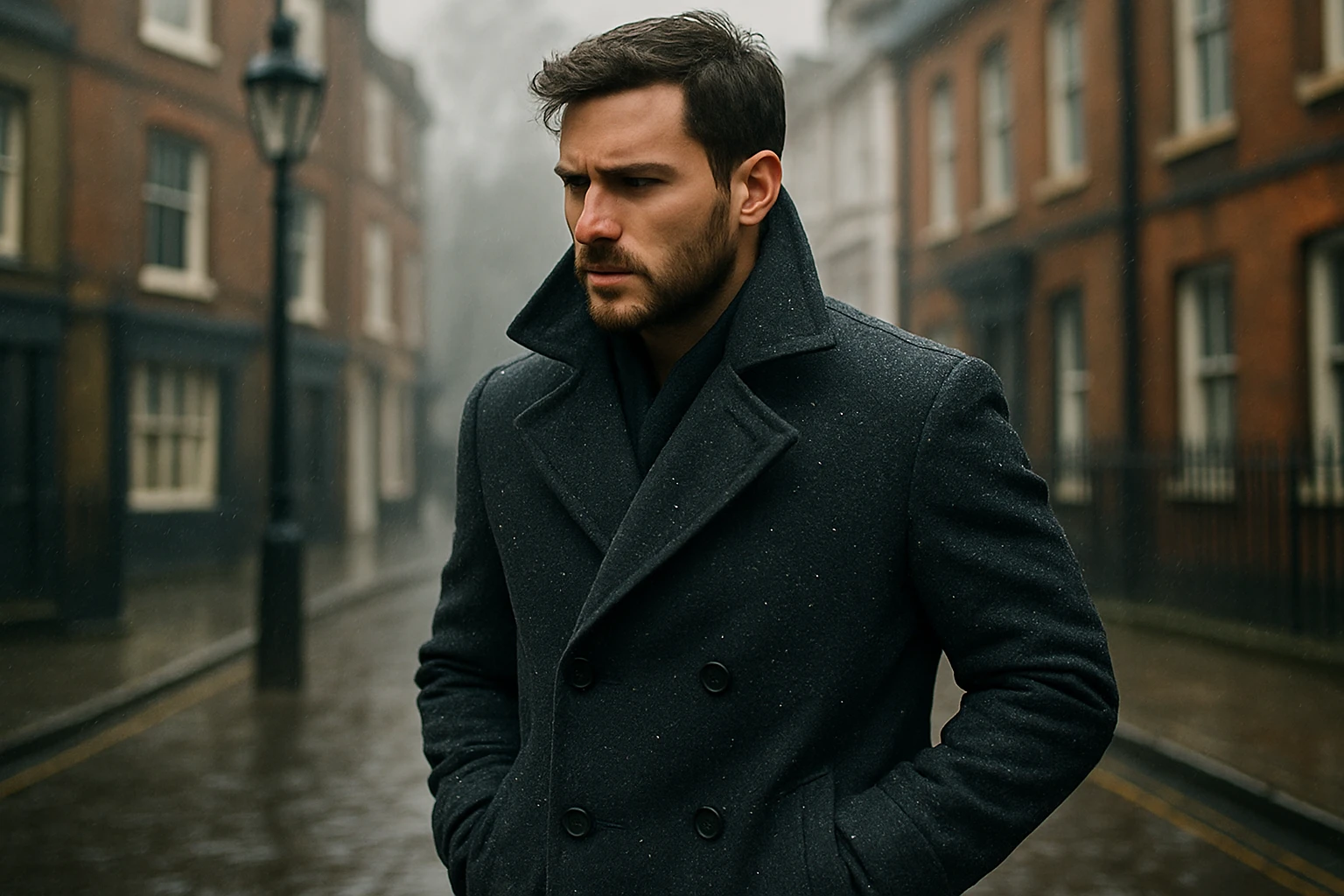 A person wearing a thick, stylish coat walks through a windy British street, with raindrops glistening on the fabric.