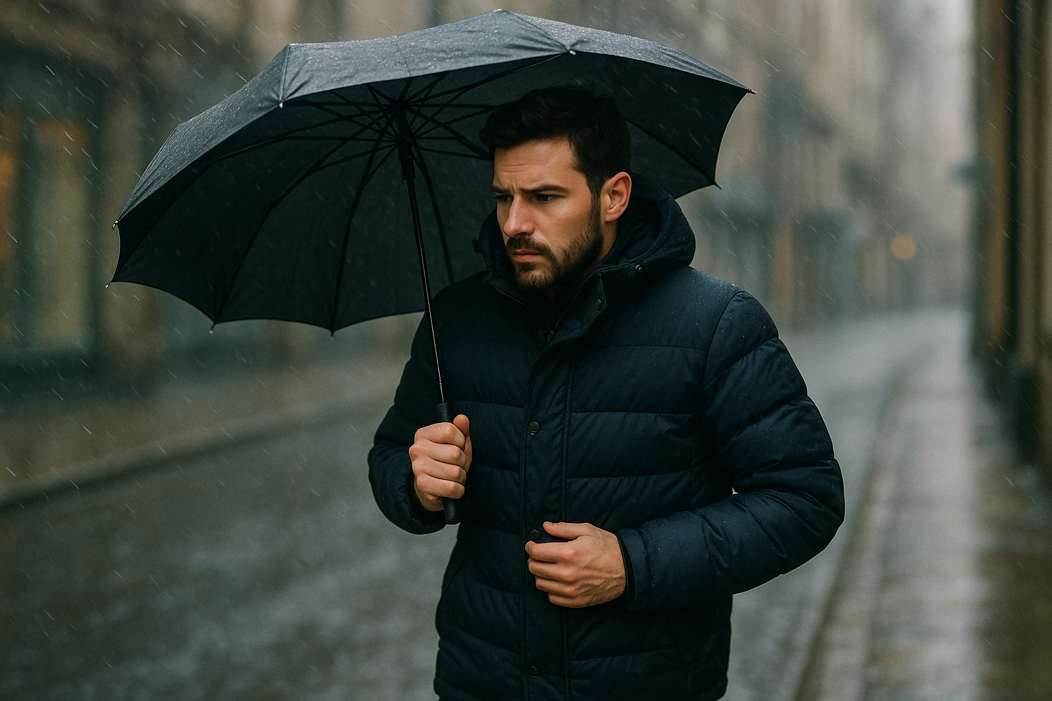 A person wearing a UK winter coat with down insulation walking through a windy and damp street while holding an umbrella.