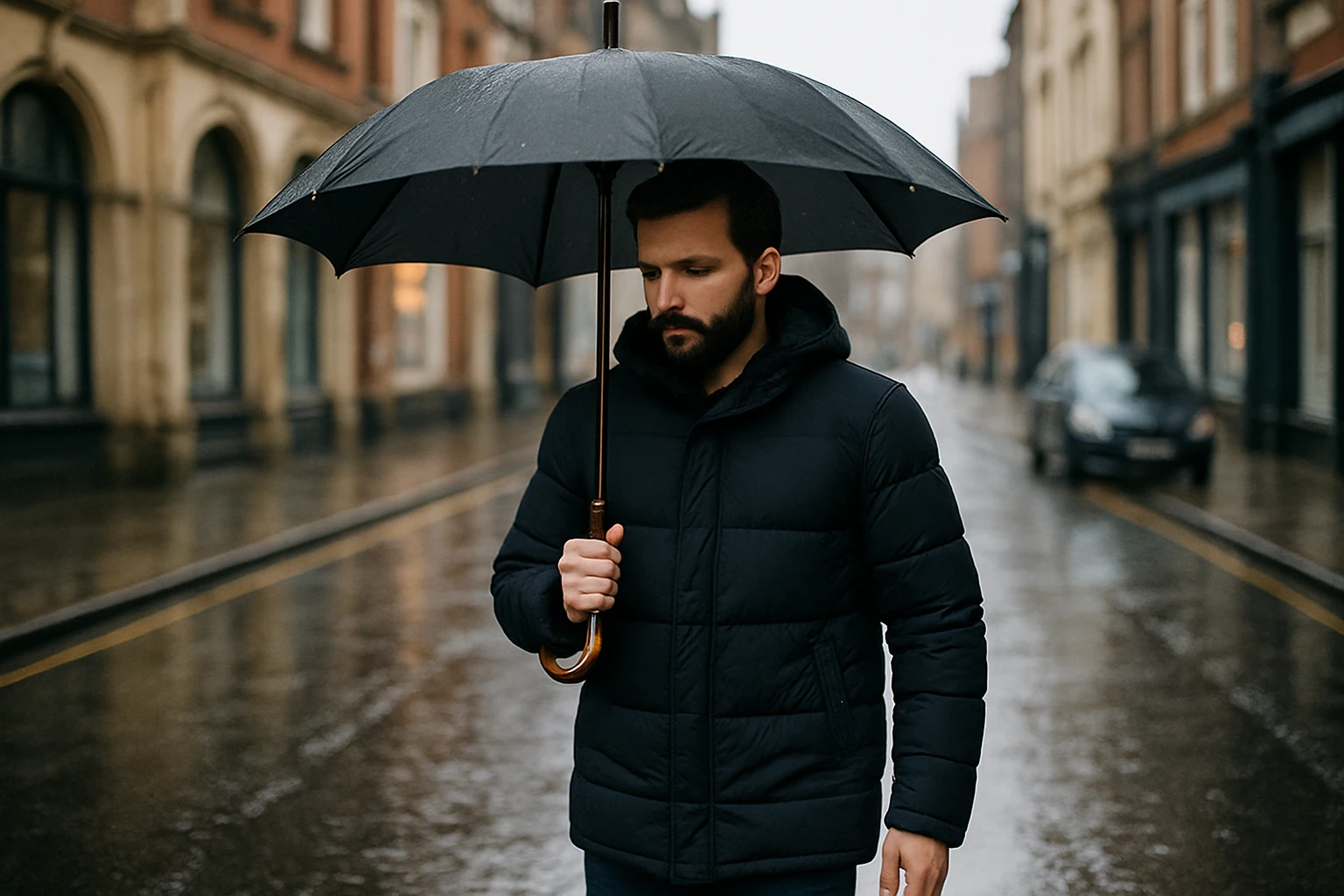 A person walking on a damp UK street wearing a down-filled coat and holding an umbrella.