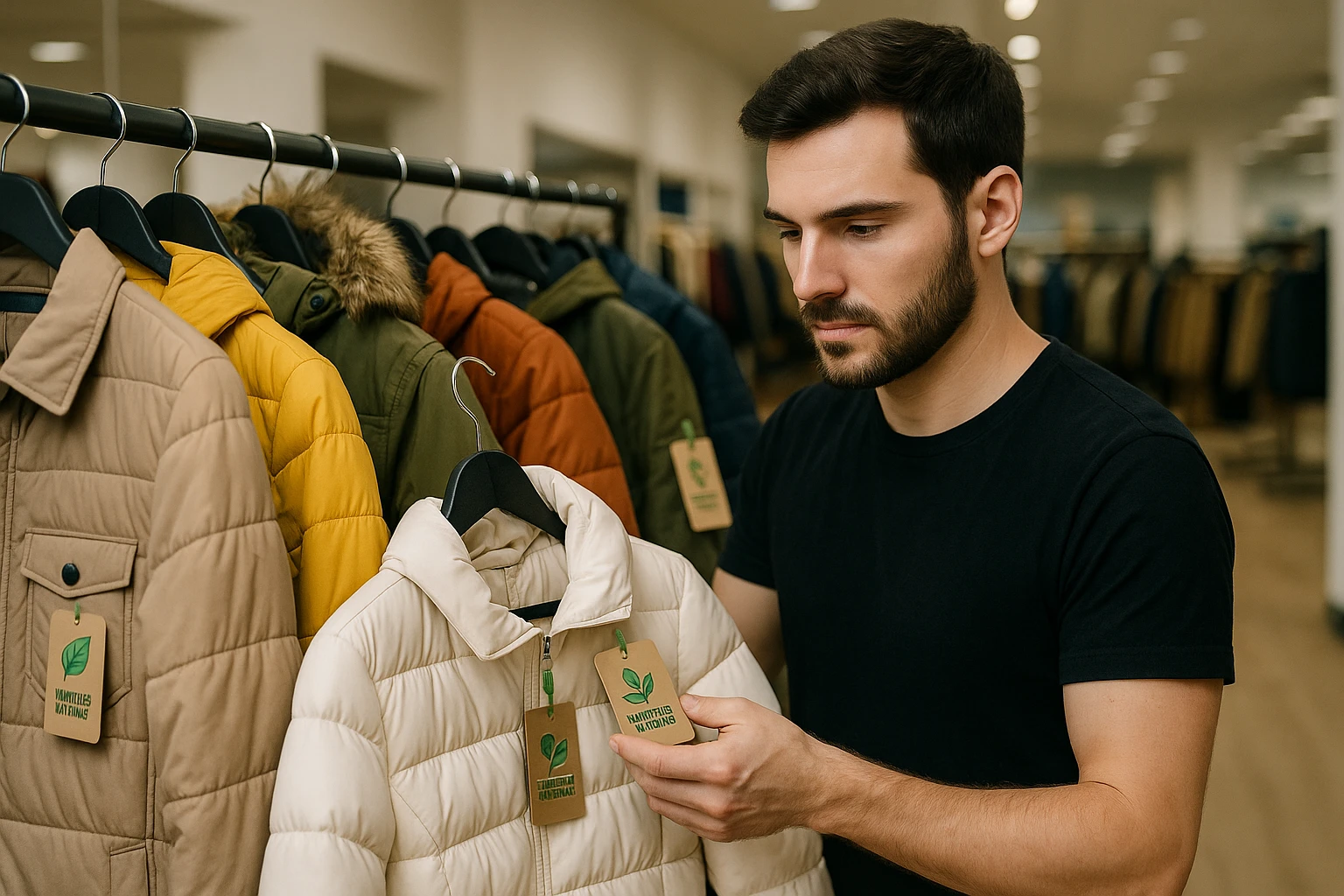 A person browsing a rack of diverse winter coats in a UK clothing store, with tags highlighting sustainable materials and innovative designs.