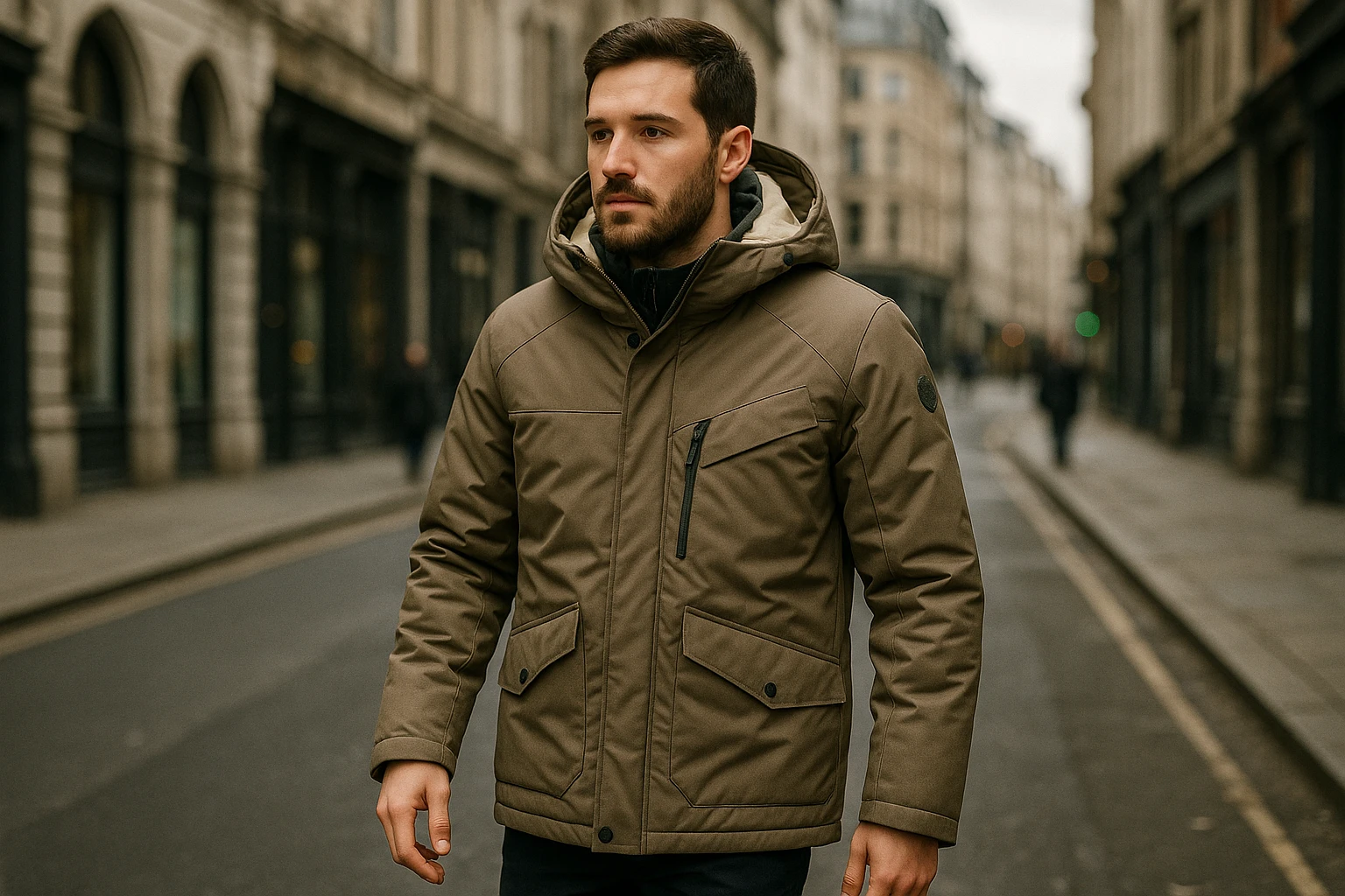 A person wearing a stylish UK winter coat made from recycled materials, walking through a city street showcasing eco-friendly and innovative design.