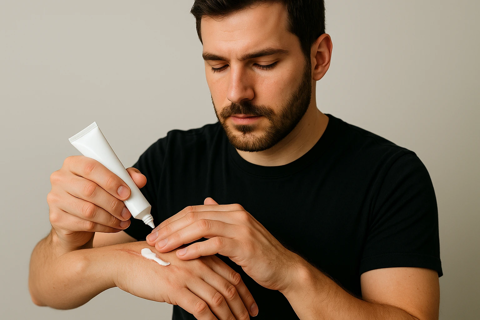 A person applying scar cream to their forearm using gentle circular motions.