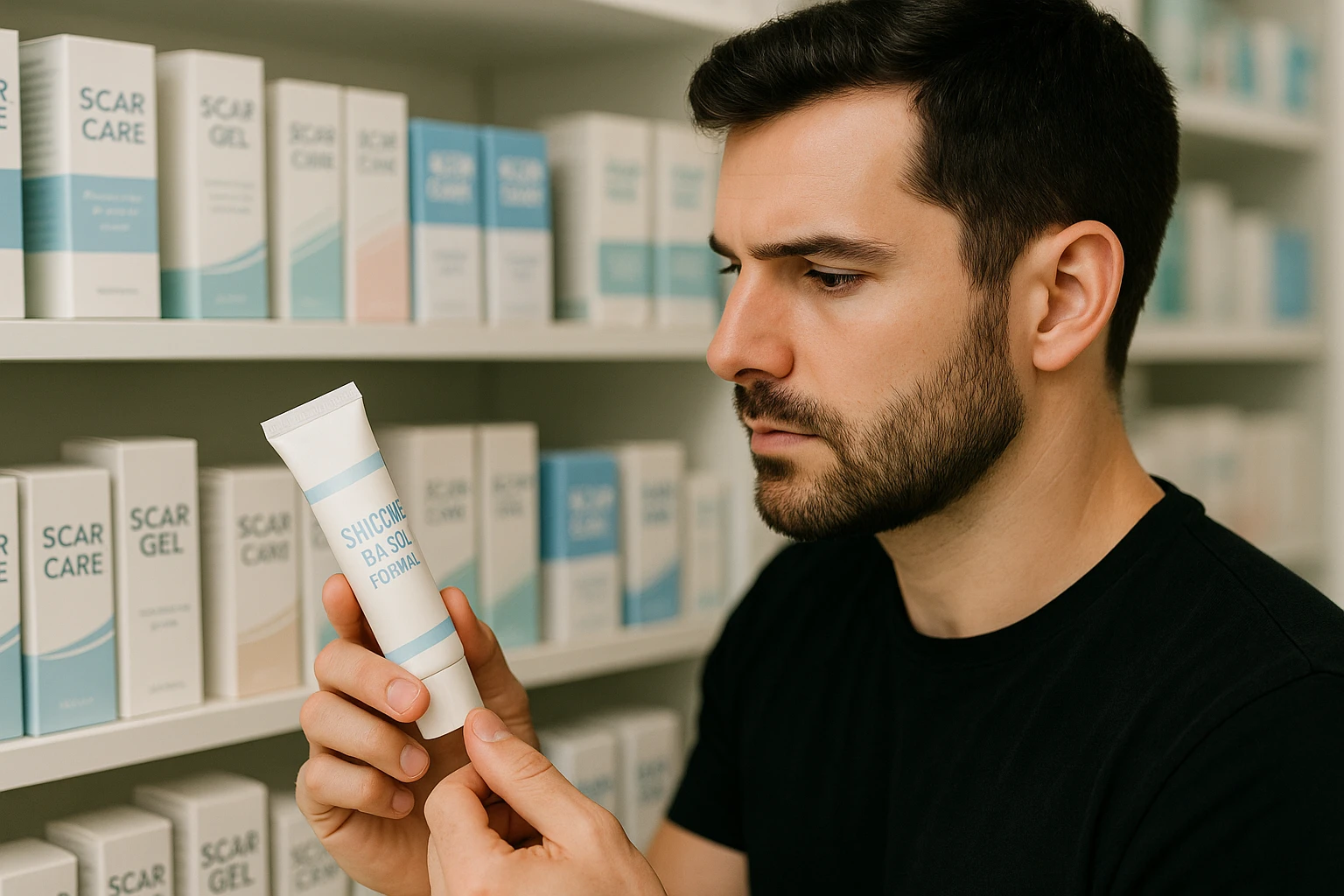 A person examining a selection of scar creams on a pharmacy shelf, focusing on a tube labeled