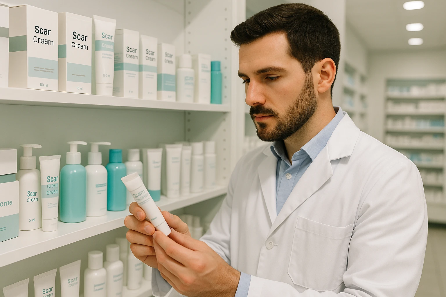 A pharmacist examining a range of skincare products, including silicone-based scar creams, on a shelf in a clean, well-lit store in the UK.