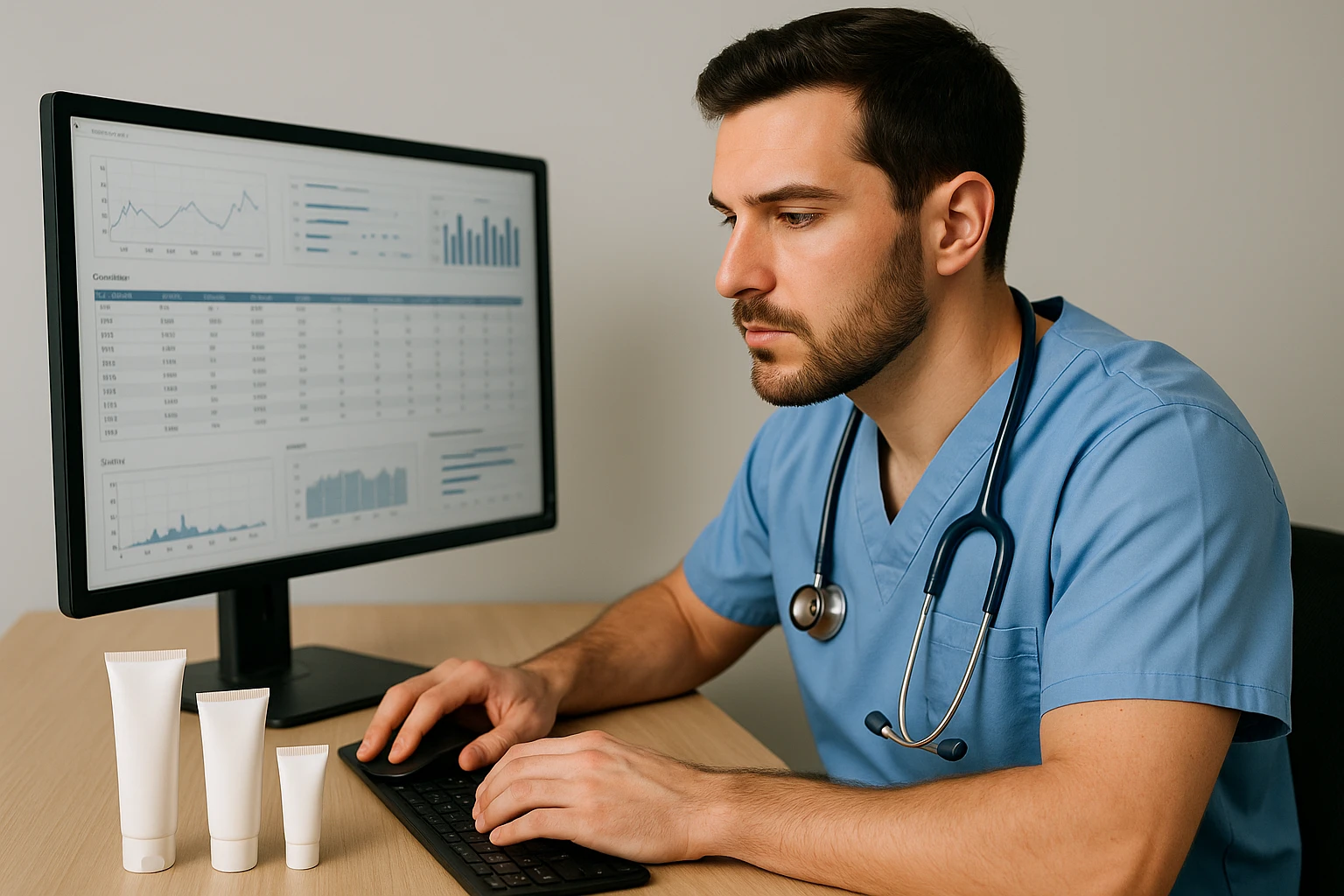 A healthcare professional reviewing clinical data on a computer screen with tubes of silicone-based scar treatment creams on the desk.