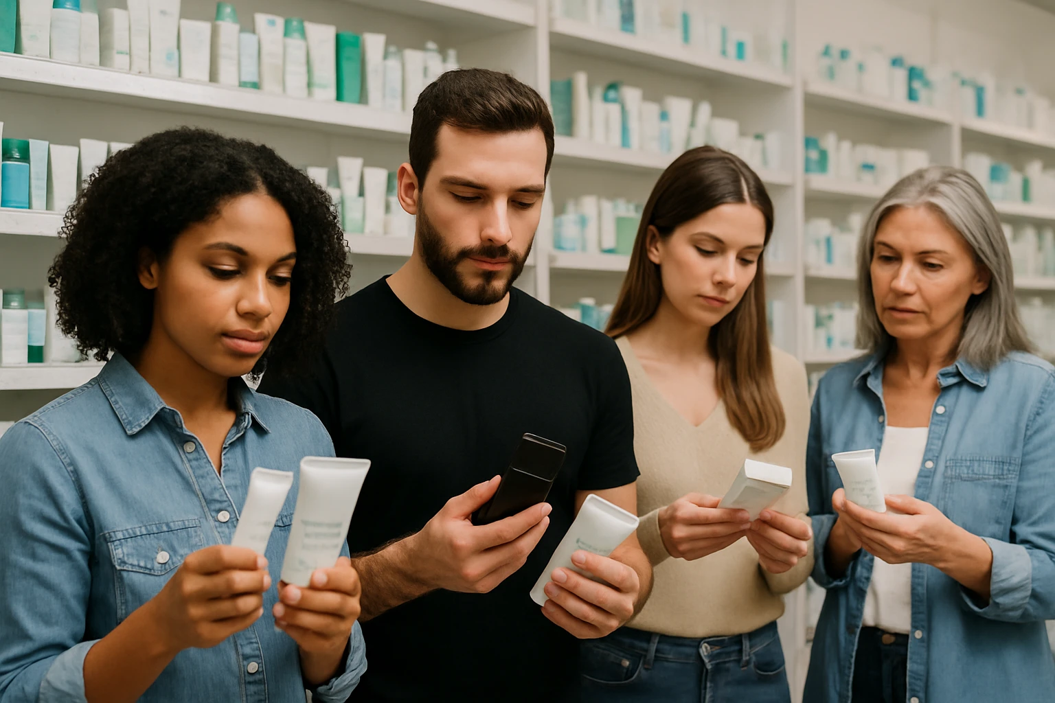 A group of people in a pharmacy comparing skincare products on the shelves.