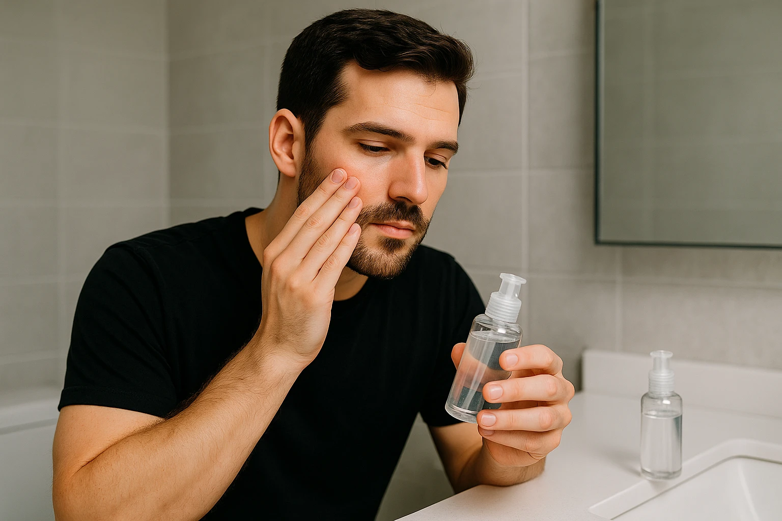 A person applying a skincare product containing salicylic acid with clear packaging on a bathroom counter.