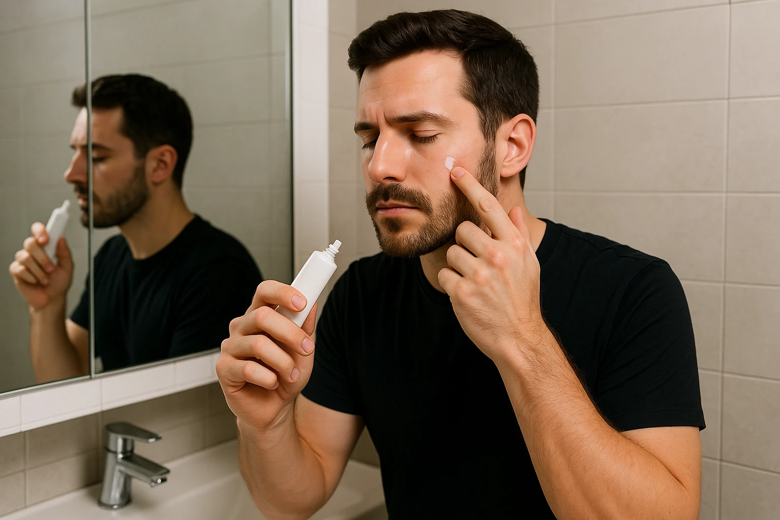 A person applying a cream labeled
