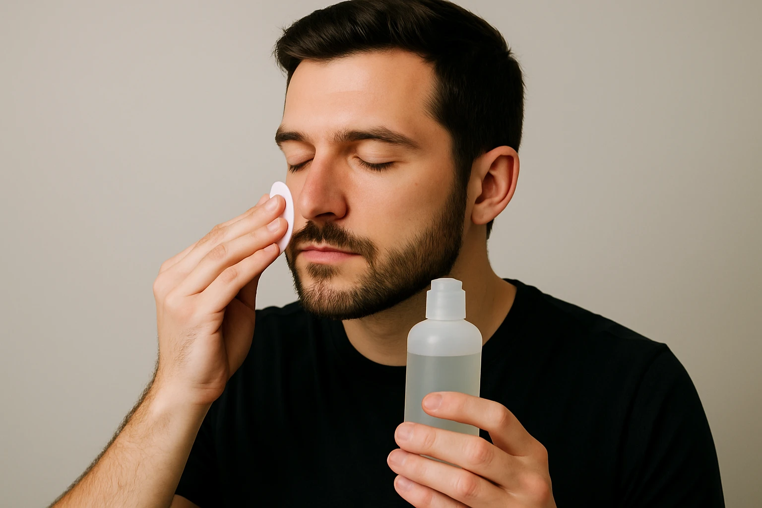 A person applying a liquid exfoliant onto their face using a cotton pad.