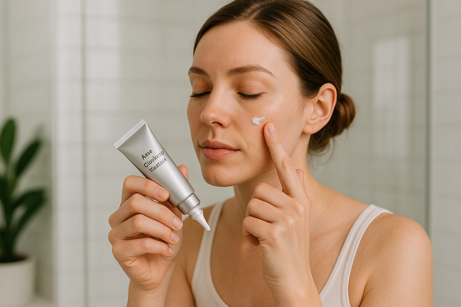 A woman applying a tube of SkinMedica Acne Clarifying Treatment to her face in a bright bathroom.