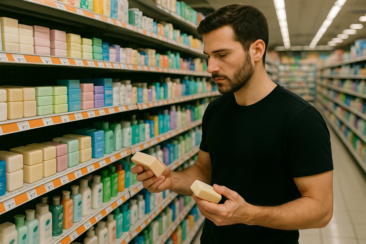 A person standing in a supermarket aisle examining different soap bars on a shelf, surrounded by various skincare products.