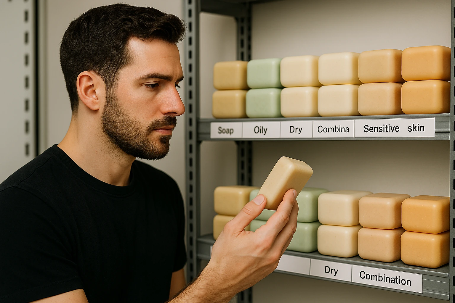 A person examining different soap options on a shelf with labels indicating normal, oily, dry, combination, and sensitive skin types.