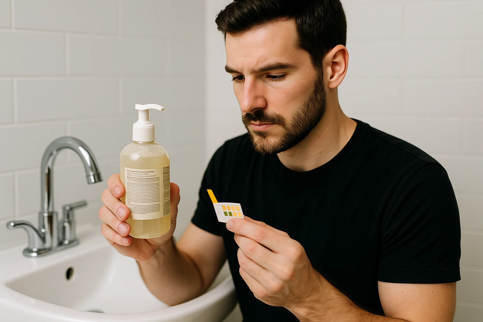 A person examining soap ingredients on a bottle while holding a pH test strip against a white bathroom sink.