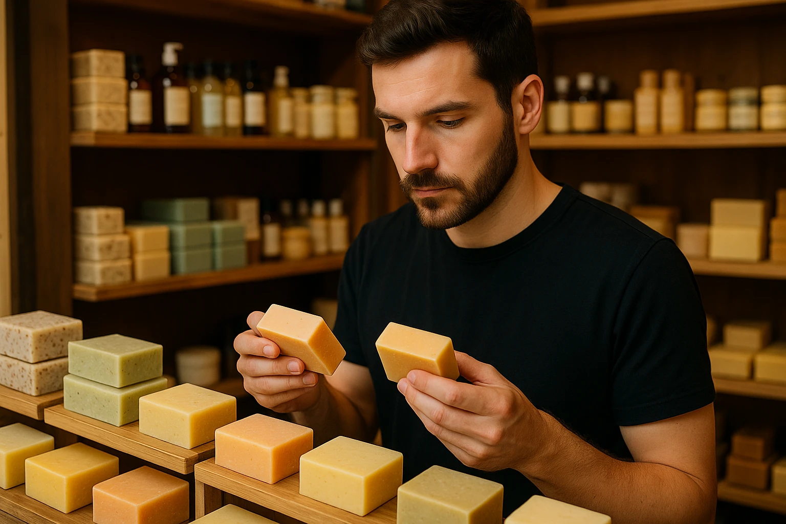 A person examining various bath soaps in a shop, each labeled for different skin types, like oily or dry.