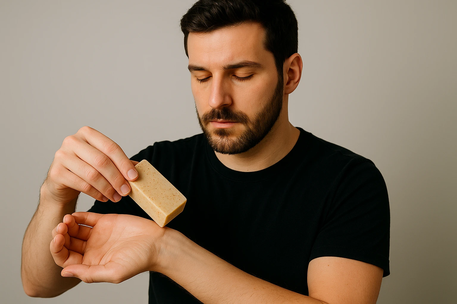 A person conducting a patch test on their inner forearm using a glycerin and colloidal oatmeal soap bar.