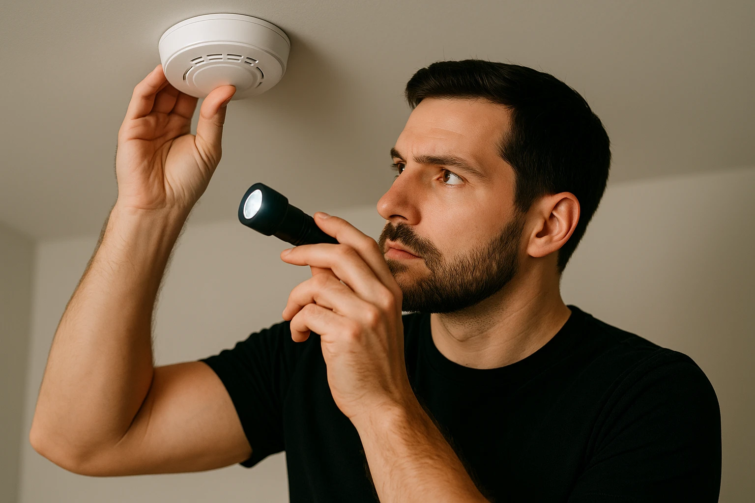 A person inspecting a smoke detector with a small flashlight, looking for hidden surveillance devices.