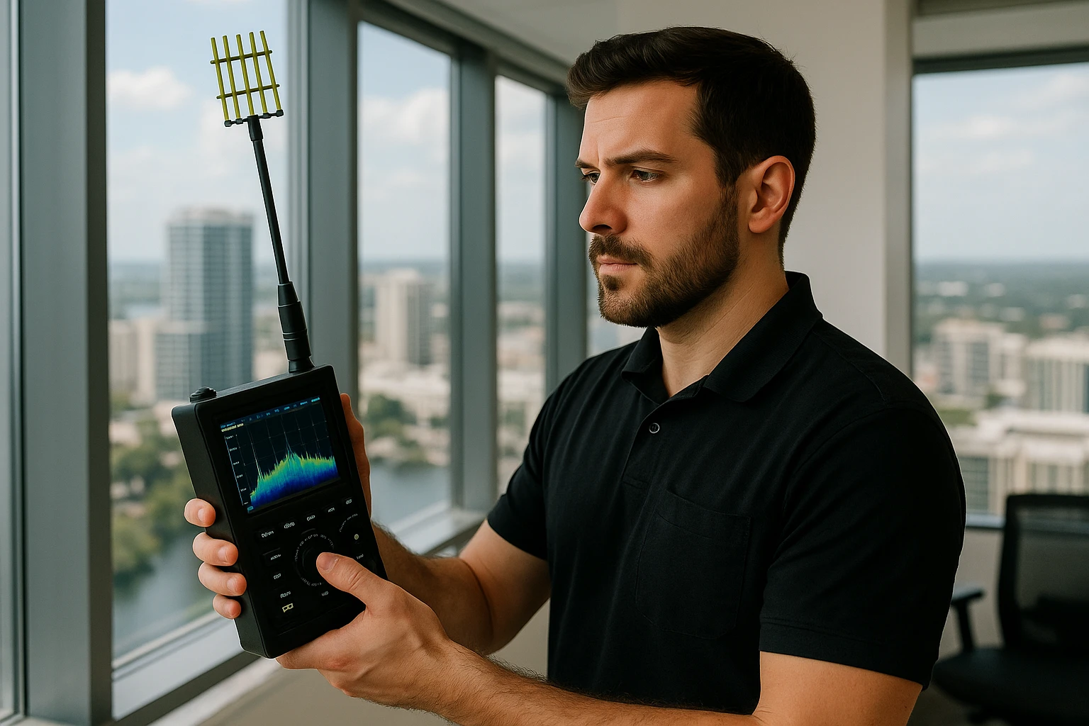A technician using advanced detection equipment to scan an office for hidden surveillance devices in a high-rise building in Orlando.