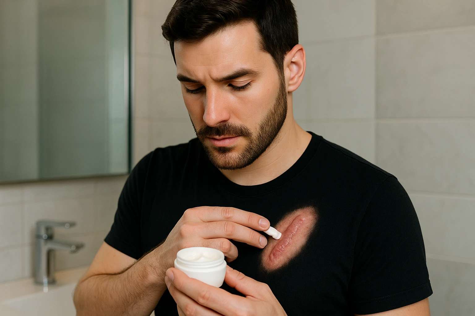 A person applying a soothing cream to a keloid scar using a gentle touch in a well-lit bathroom.