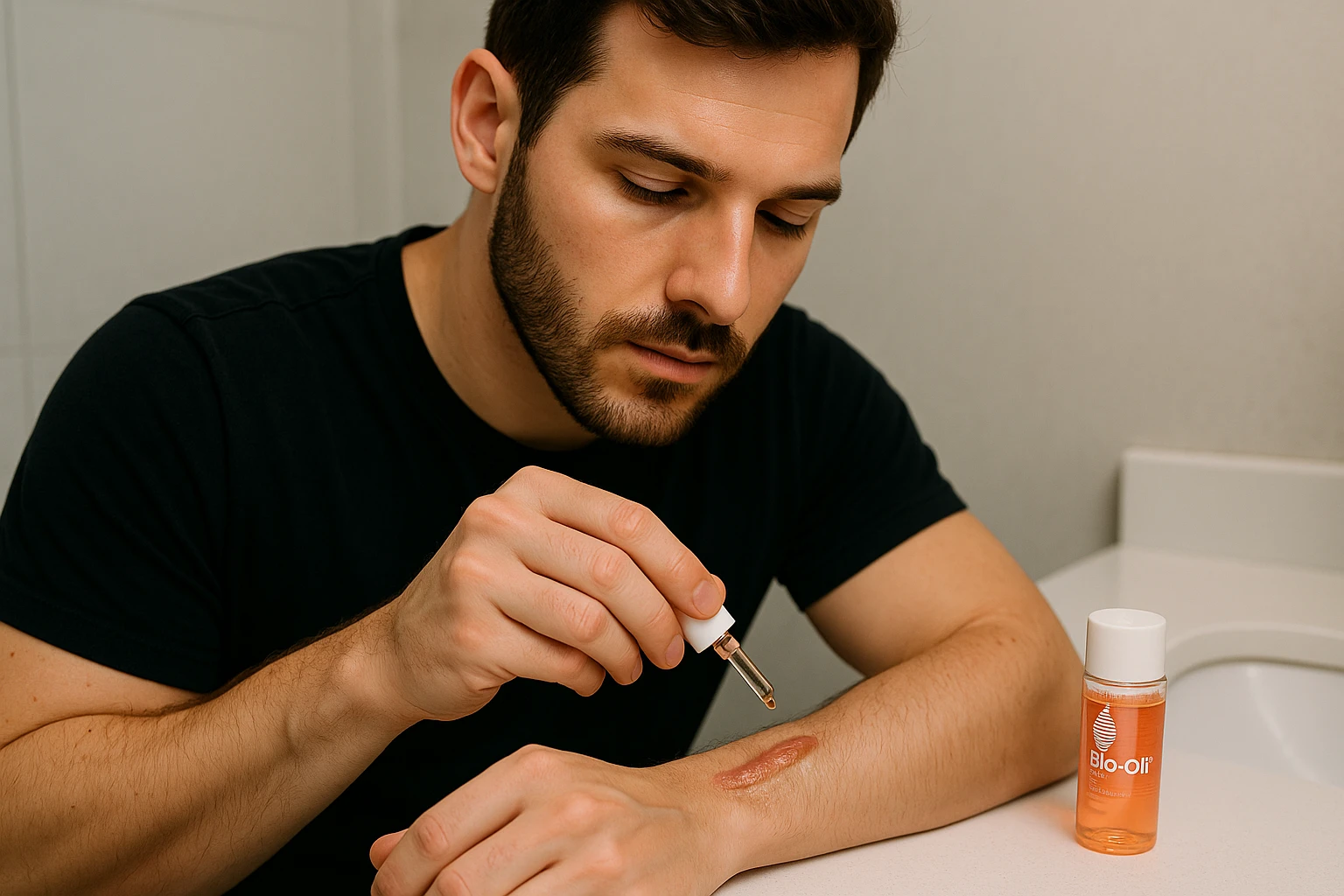 A person applying Bio Oil to a keloid scar on their forearm with an open bottle of the oil next to them on a bathroom counter.