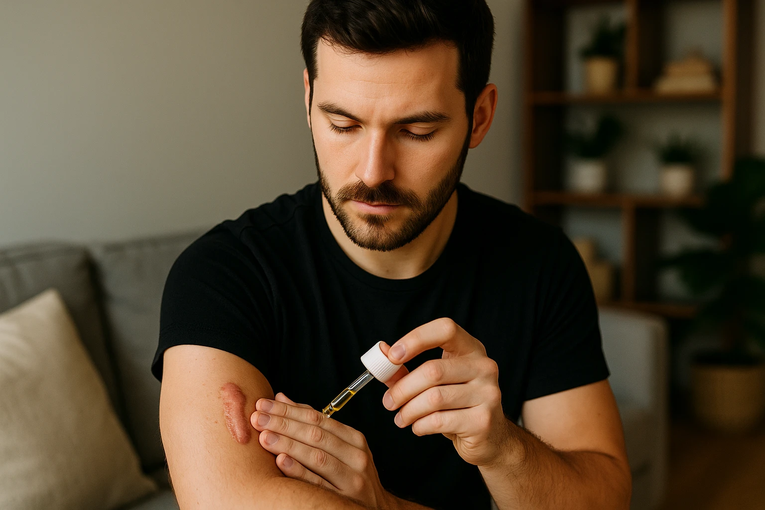 A person applying bio oil to a keloid scar on their arm while sitting in their living room.