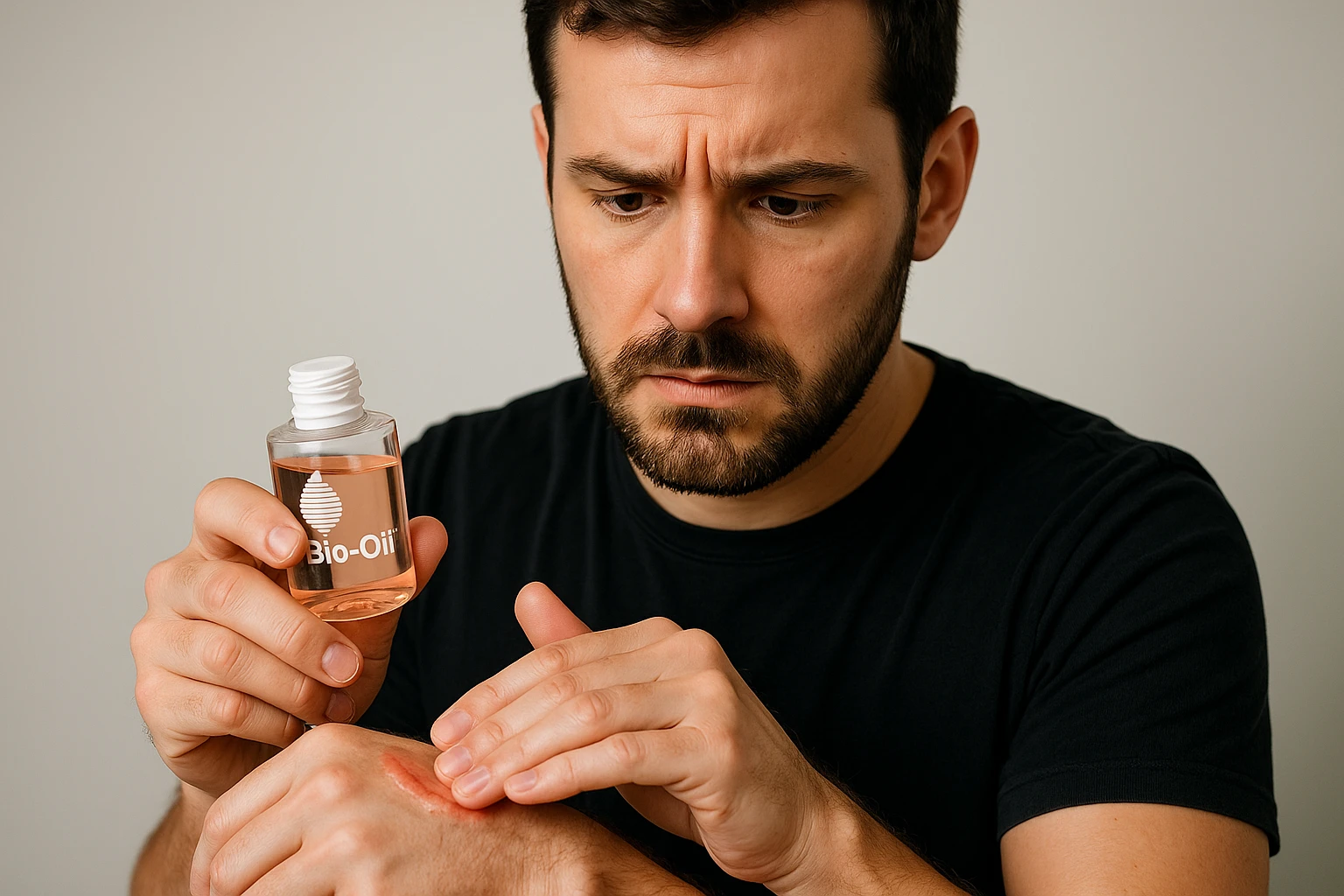 A person applying Bio-Oil to a keloid scar on their forearm with a concerned expression.