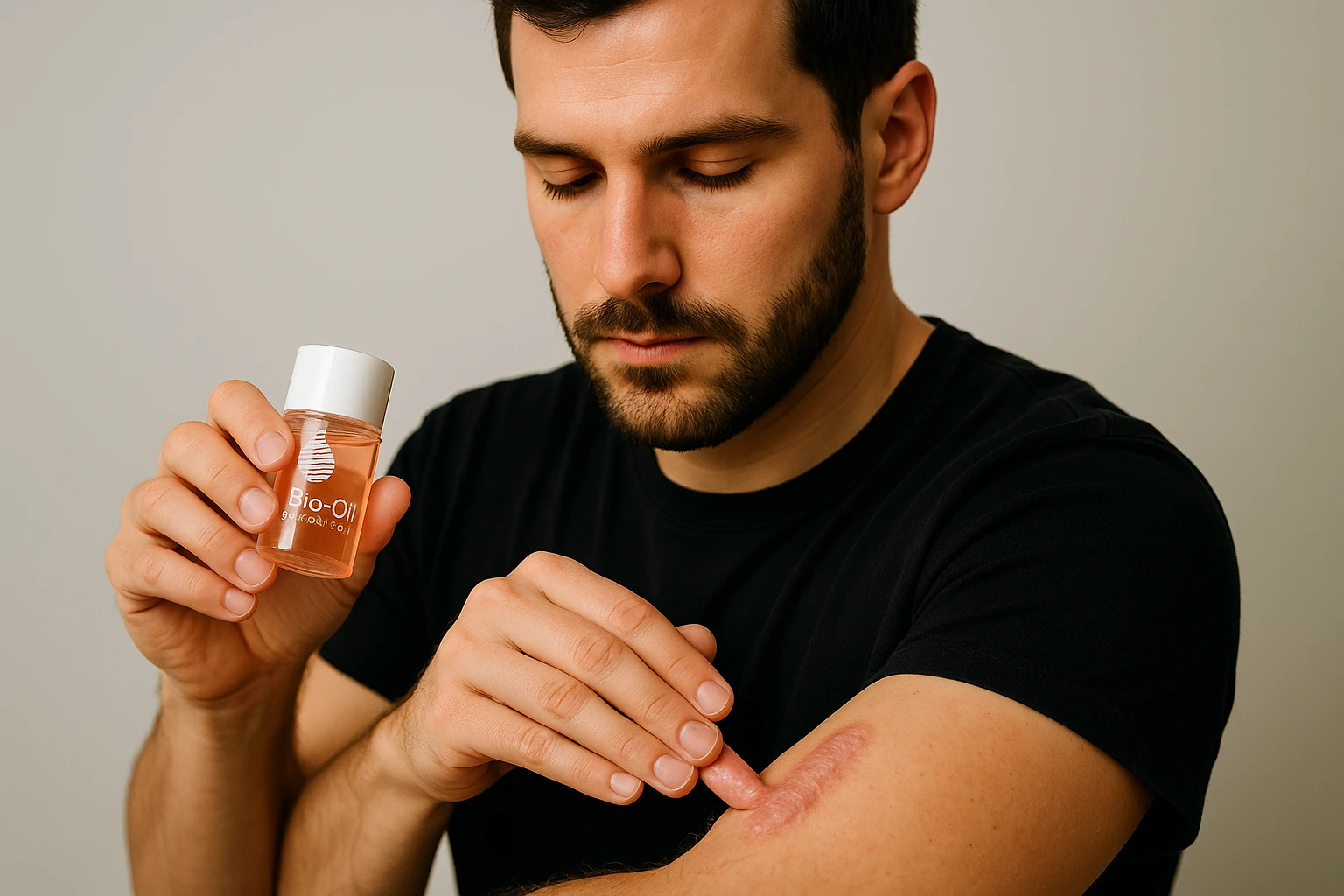 A person gently massaging Bio-Oil onto a keloid scar on their arm.