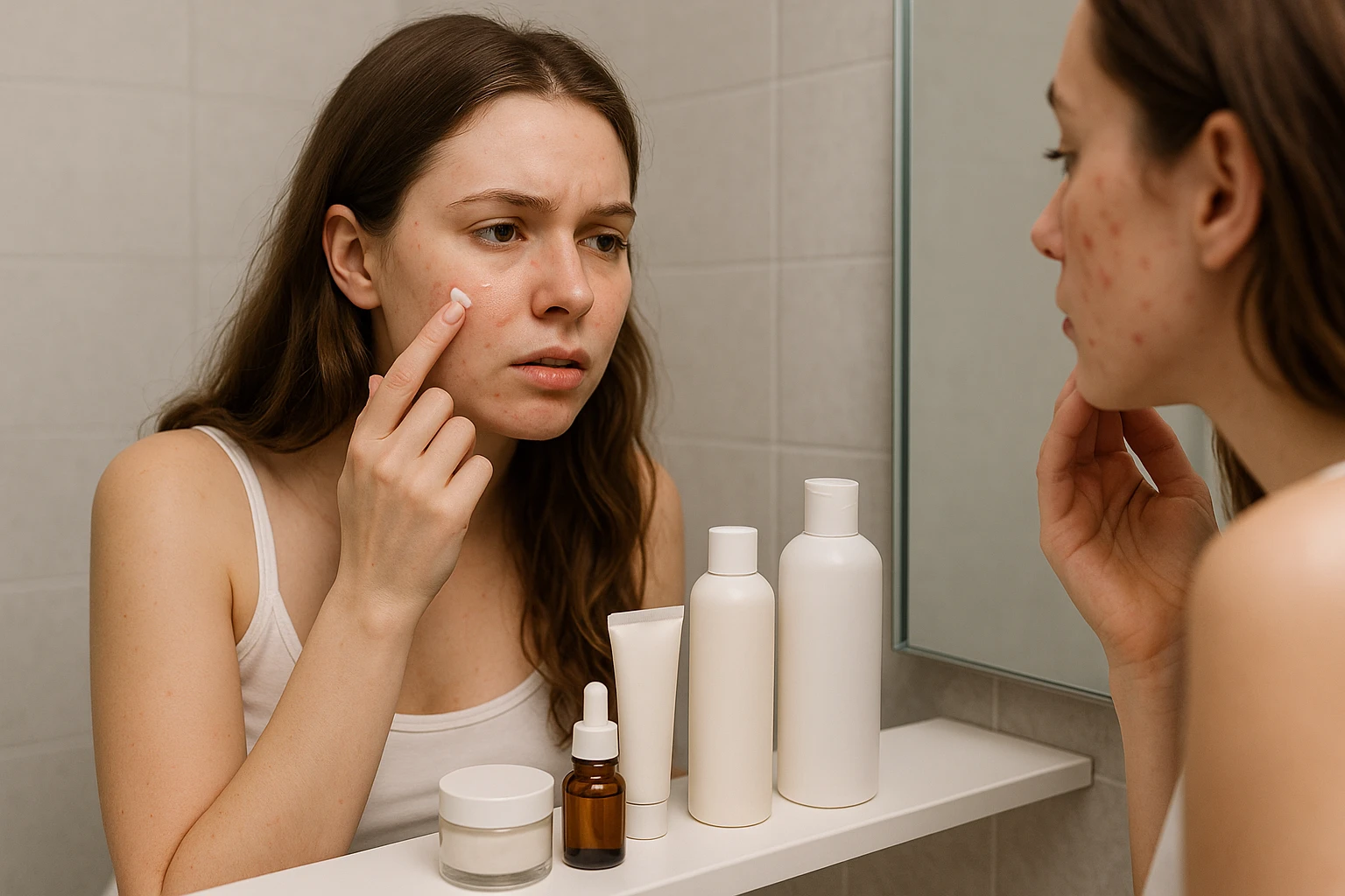 A young British woman applying acne cream in front of a mirror with various skincare products arranged on a bathroom shelf.