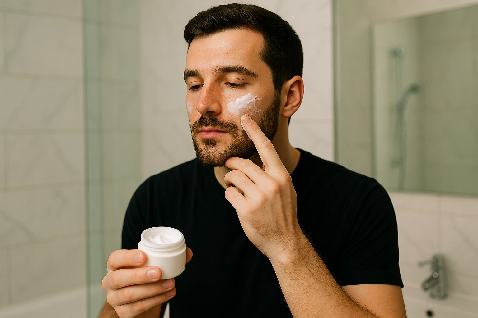 A person applying a dermocosmetic cream containing salicylic acid and niacinamide to their face in a well-lit bathroom.