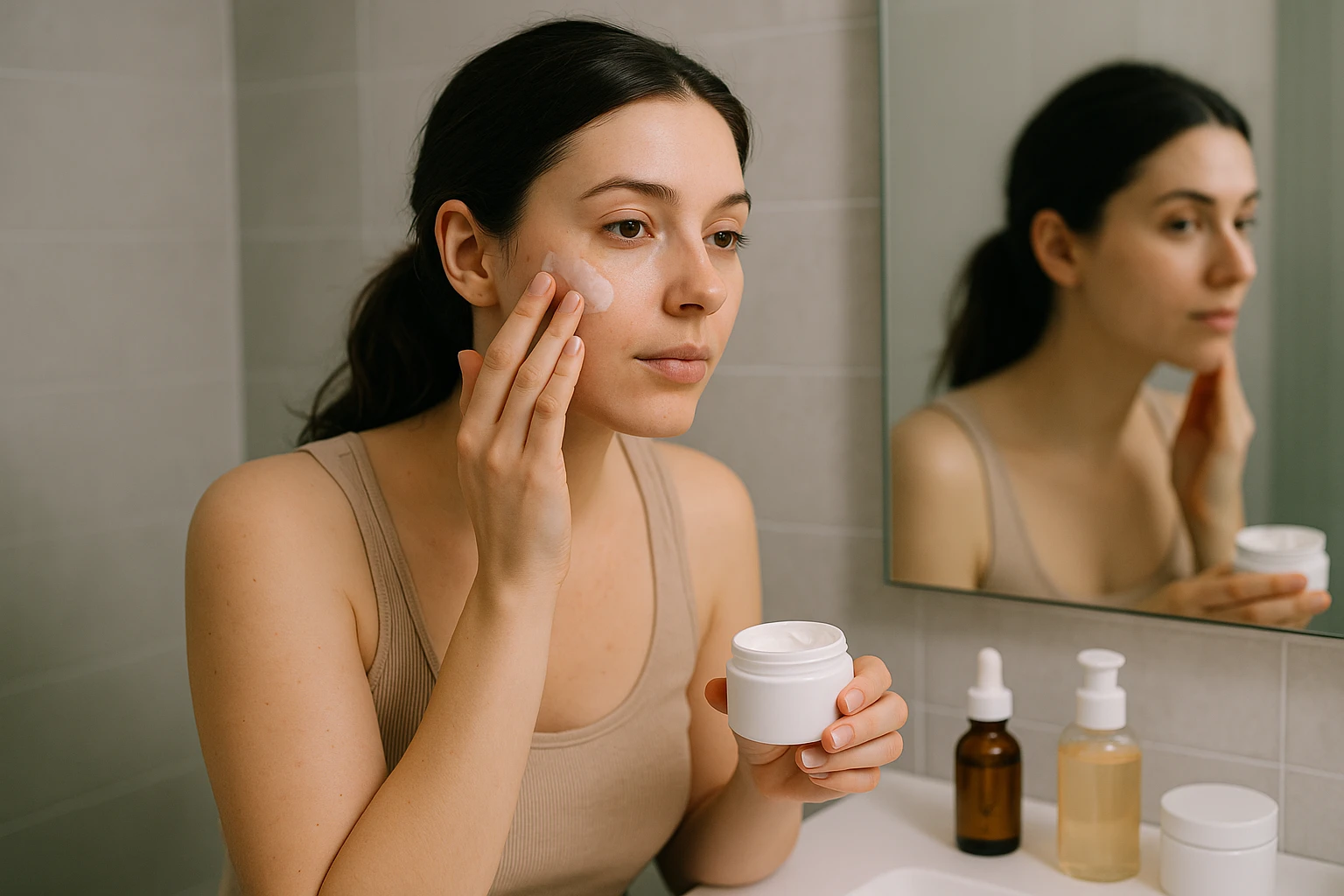 A woman applying a cream labelled with