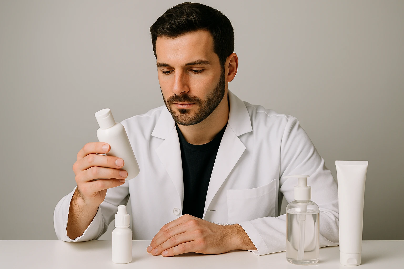 A dermatologist examining various skincare products containing salicylic acid and benzoyl peroxide on a table.