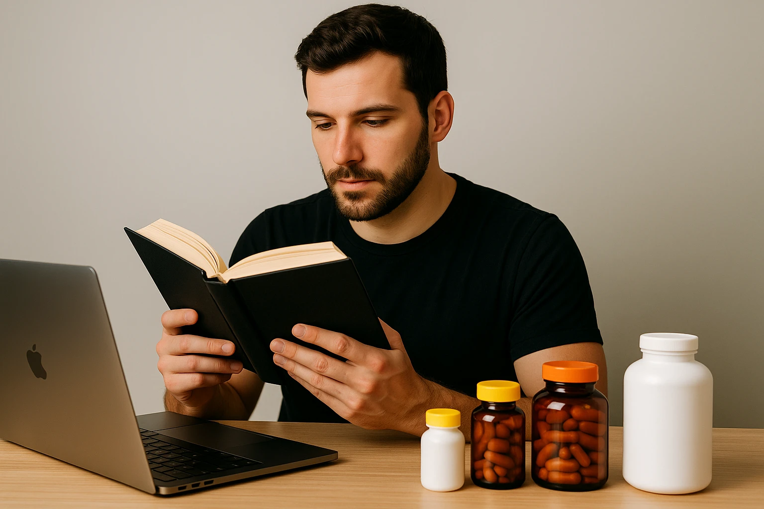 A person sitting at a desk surrounded by vitamin bottles and a laptop, highlighting their focus on maintaining energy while working.