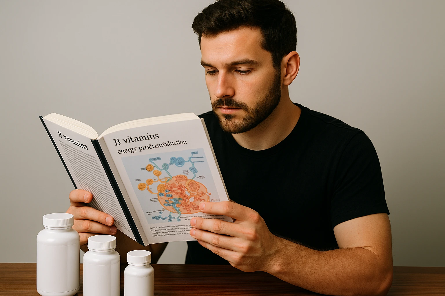 A person studying biochemistry with a textbook open to a page about B vitamins and their role in energy production, surrounded by supplement bottles.