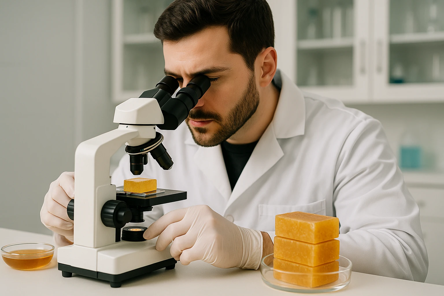 A researcher examining honey-infused soap bars under a microscope in a laboratory.