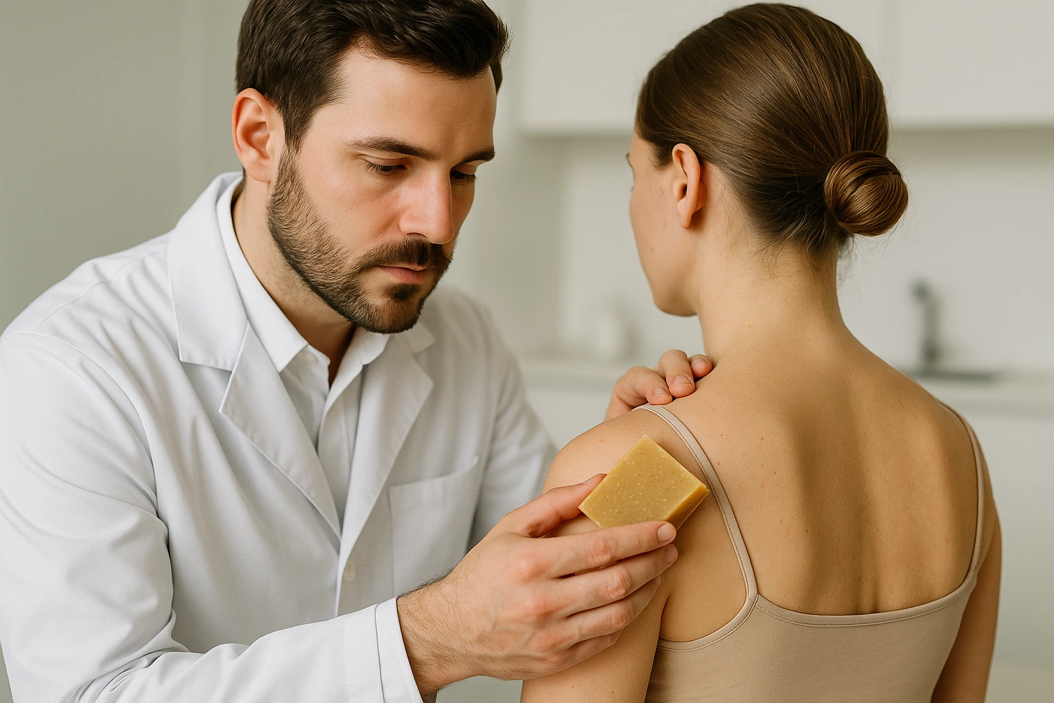 A dermatologist examining a patient’s skin using organic handmade pure honey soap bars for treatment in a clinic setting.