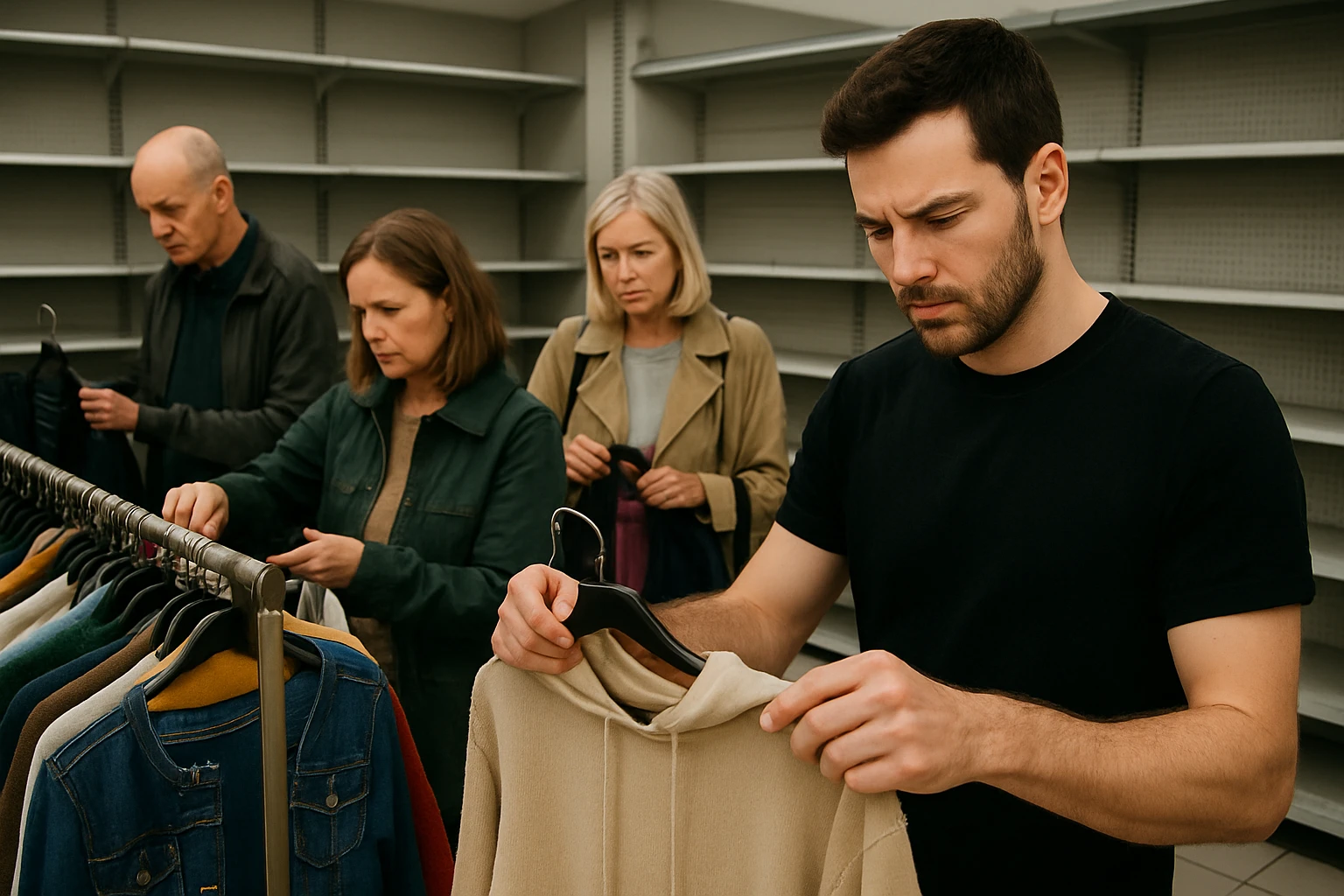A group of shoppers browsing clothing racks in a struggling UK retail store with empty shelves visible in the background.