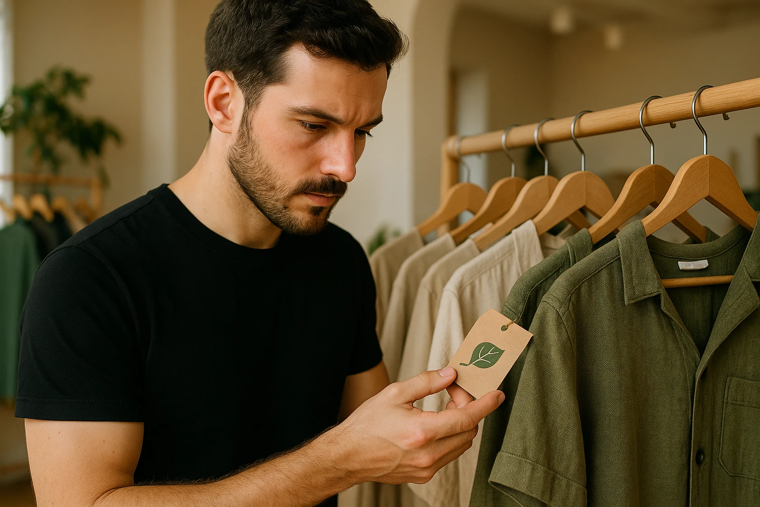 A person examining eco-friendly clothing tags on a rack of sustainably-made garments in a UK boutique.
