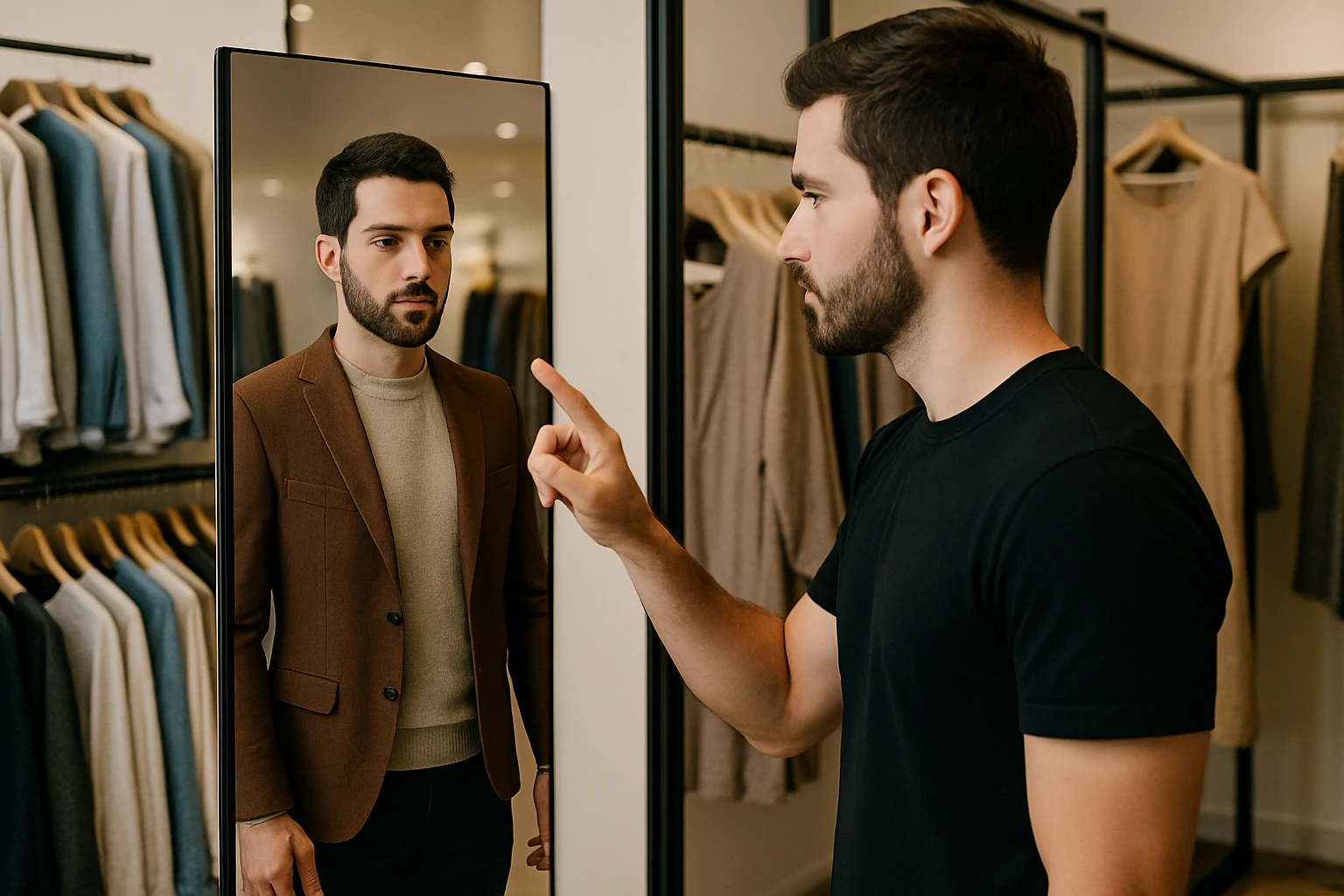 A shopper using an augmented reality mirror to try on virtual outfits in a clothing store.
